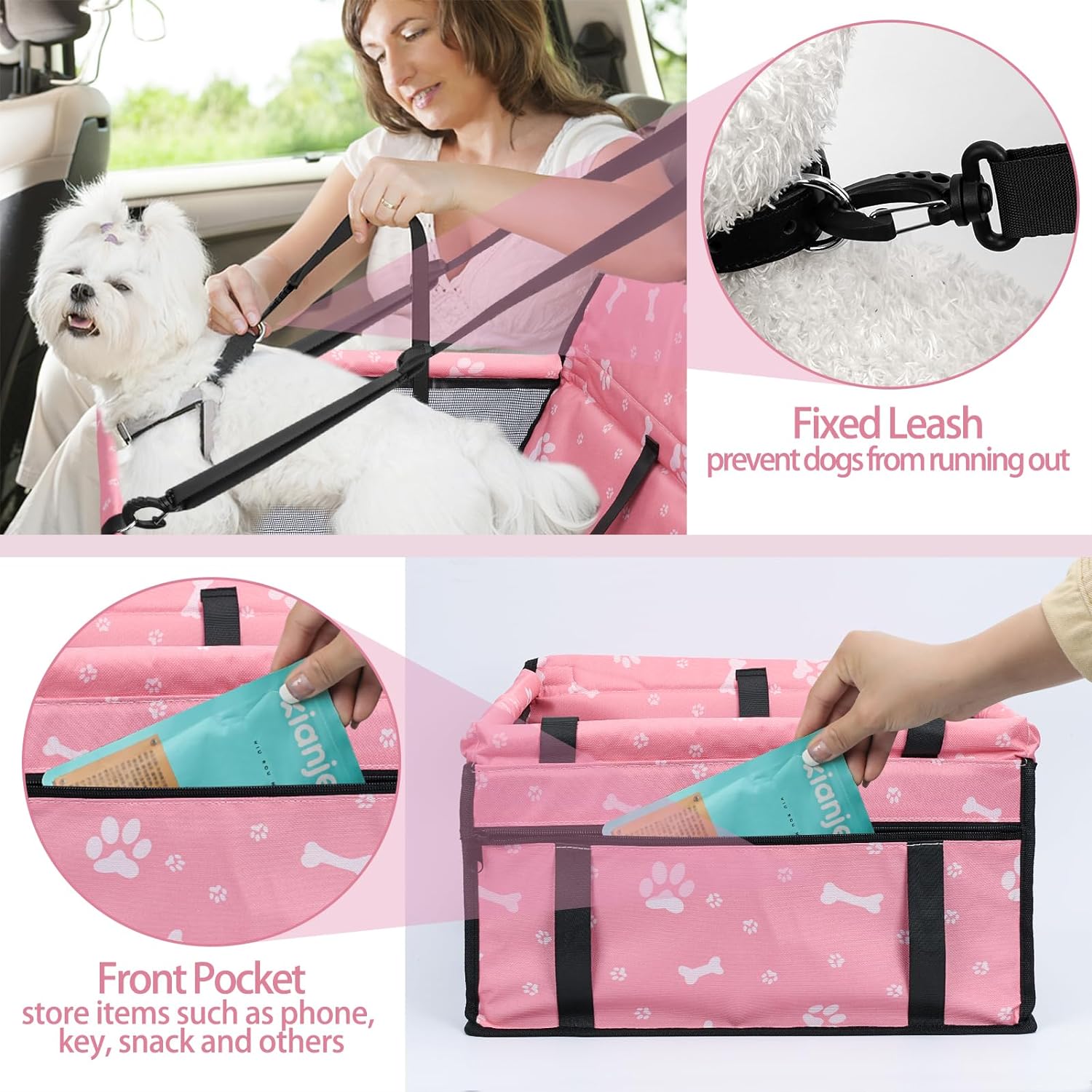 PetsHome Dog Car Seat Foldable Dog Car Booster Seat Waterproof Breathable Oxford Travel Bag for Small to Medium Dogs, Puppies, and Pets-Pattern Black