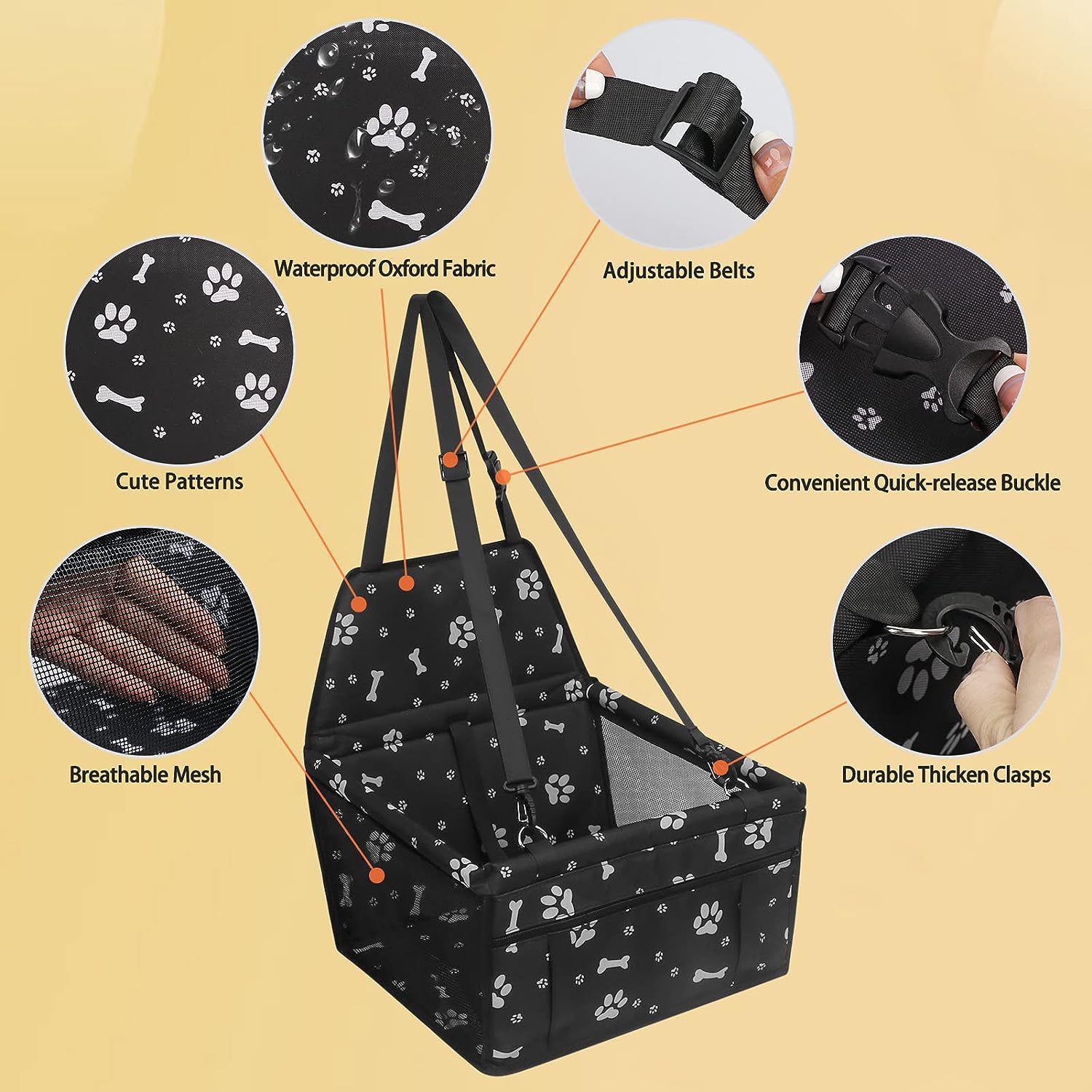 PetsHome Dog Car Seat Foldable Dog Car Booster Seat Waterproof Breathable Oxford Travel Bag for Small to Medium Dogs, Puppies, and Pets-Pattern Black