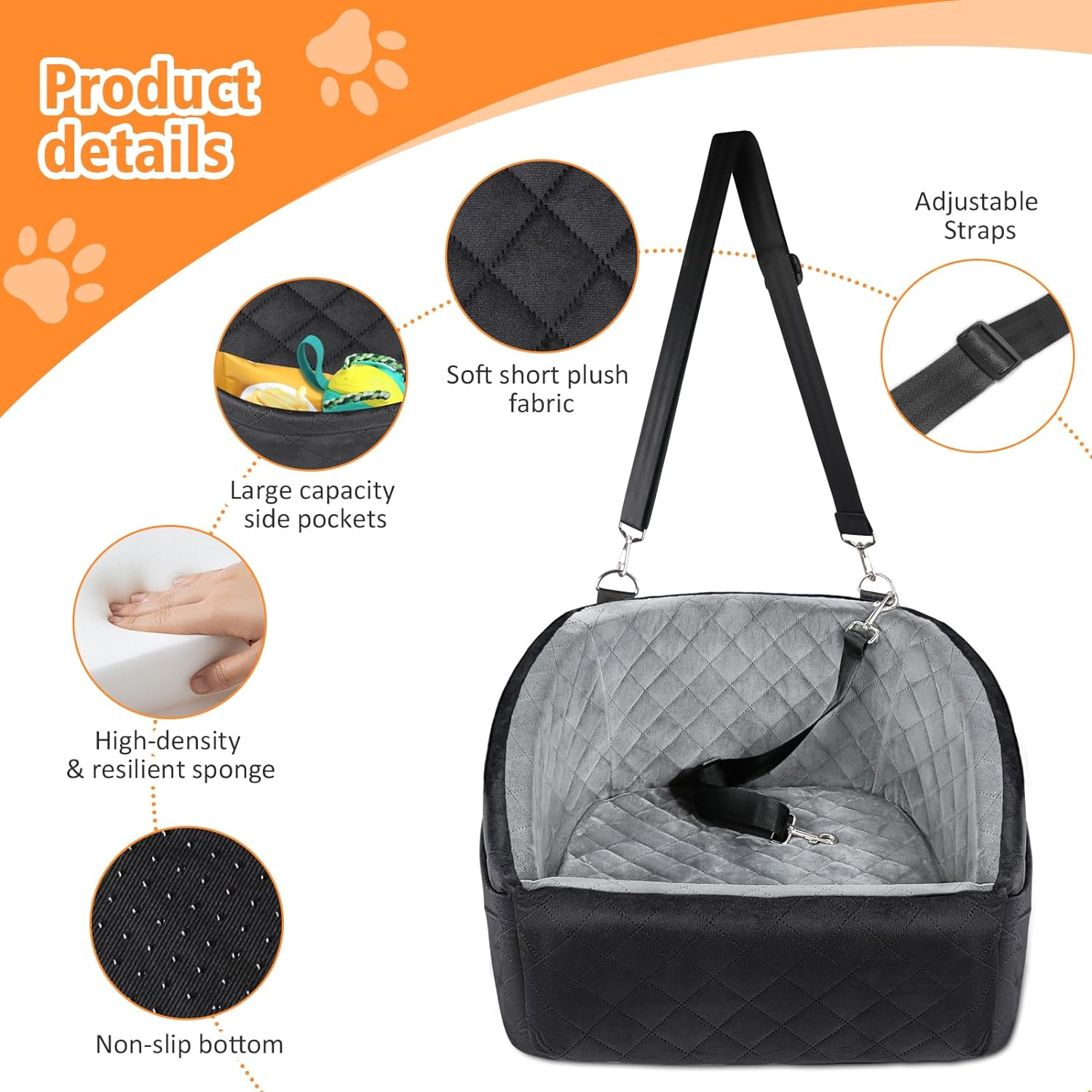 Dog Car Seat for Small Dogs Detachable Washable Dog Booster Seat for Medium Dogs Under 35lbs, Pet Car Seat Travel Bed with Storage Pockets and Dog Safety Belt