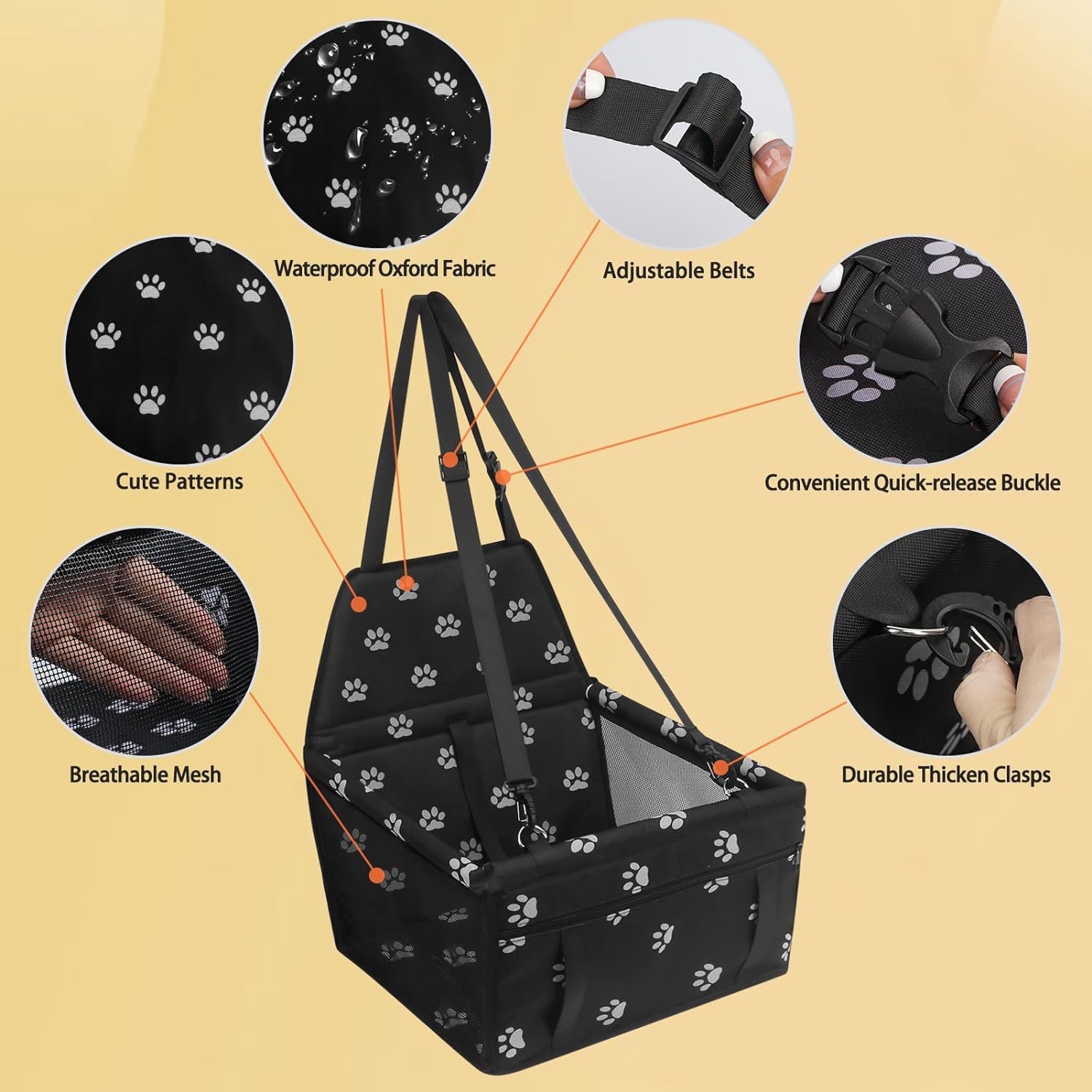 PetsHome Dog Car Seat Foldable Dog Car Booster Seat Waterproof Breathable Oxford Travel Bag for Small to Medium Dogs, Puppies, and Pets-Pattern Black
