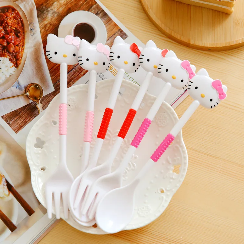2PCS/Set Sanrio Hello Kitty Spoon Fork Baby Girls Feeding Tableware Children Travel Portable Dinnerware Kitchen Accessories Gift
