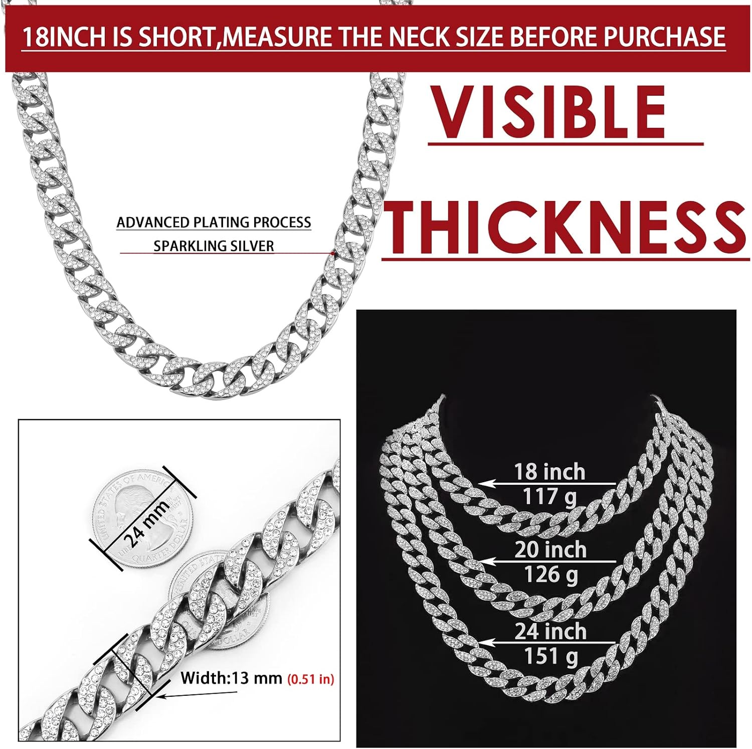 Miami Mens Cuban Link Chain Silver Gold Plated Bling Cuban Necklace Diamond Chain for Men 13MM iced out chain Hip Hop Jewelry，8.5/18/20/24 Inch Length-With metal gift box.