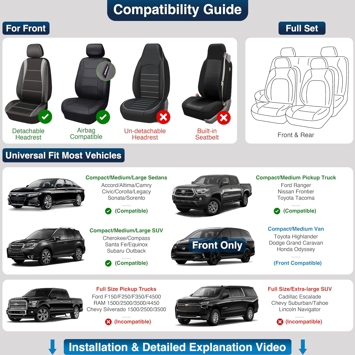 Custom Leather Seat Covers Compatible with Hyundai Santa Fe 2013-2023 (Full Set)