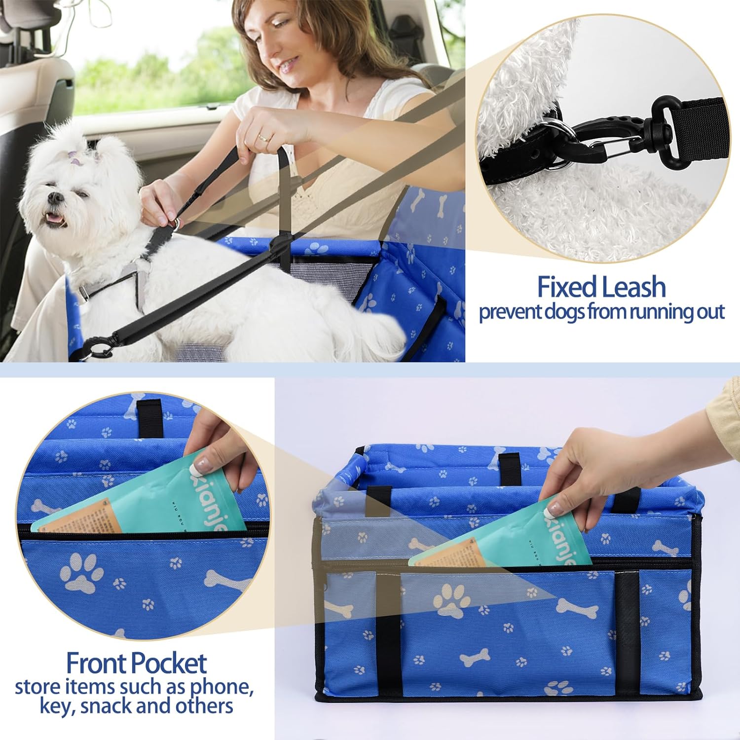 PetsHome Dog Car Seat Foldable Dog Car Booster Seat Waterproof Breathable Oxford Travel Bag for Small to Medium Dogs, Puppies, and Pets-Pattern Black