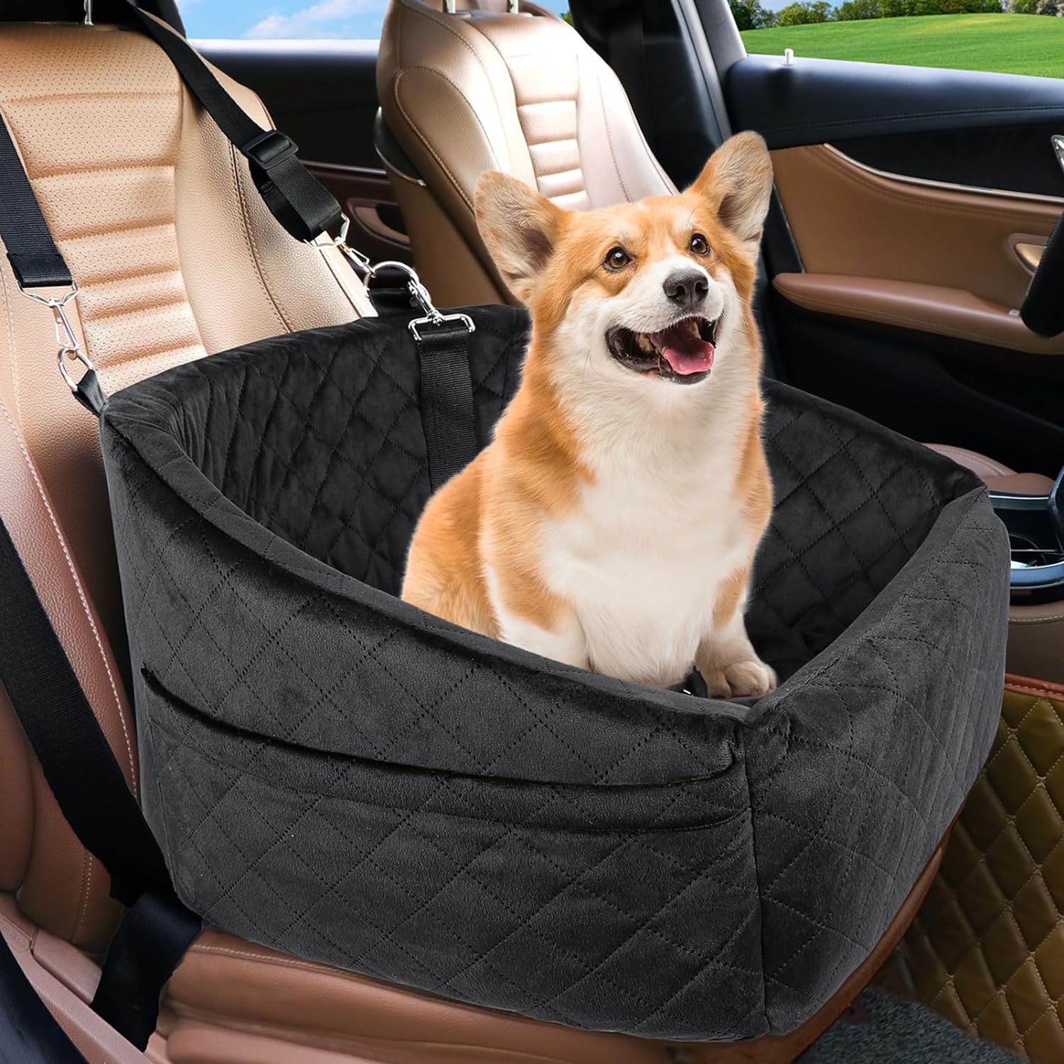 Dog Car Seat for Small Dogs Detachable Washable Dog Booster Seat for Medium Dogs Under 35lbs, Pet Car Seat Travel Bed with Storage Pockets and Dog Safety Belt