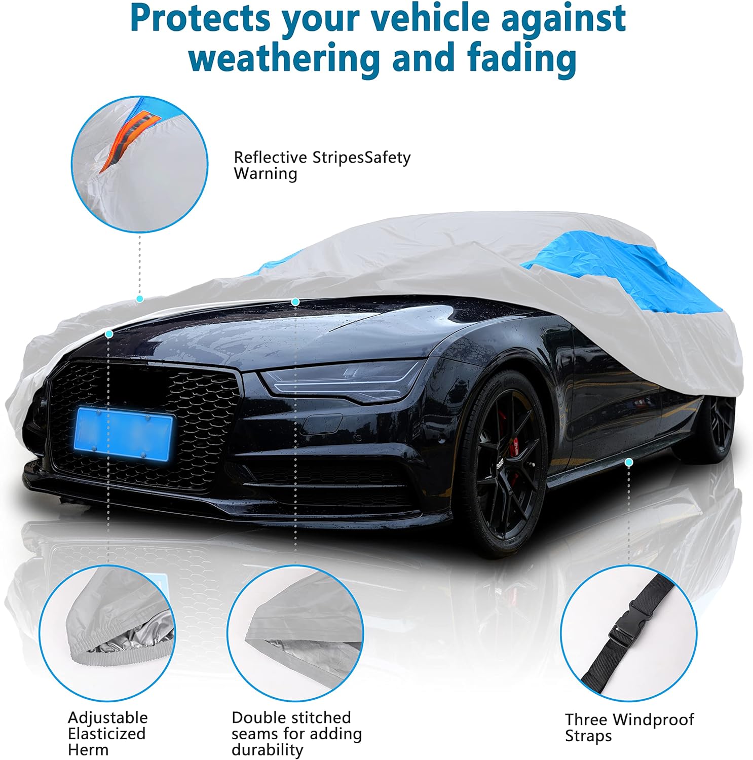 MORNYRAY Waterproof Car Cover All Weather Snowproof UV Protection Windproof Outdoor Full car Cover, Universal Fit for Sedan (Fit Sedan Length 194-206 inch, Blue)