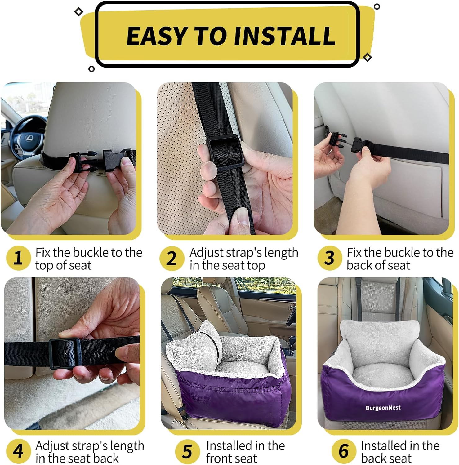 BurgeonNest Dog Car Seat for Small Dogs, Fully Detachable and Washable Dog Carseats Small Under 25, Soft Dog Booster Seats with Storage Pockets and Clip-On Leash Portable Dog Car Travel Carrier Bed