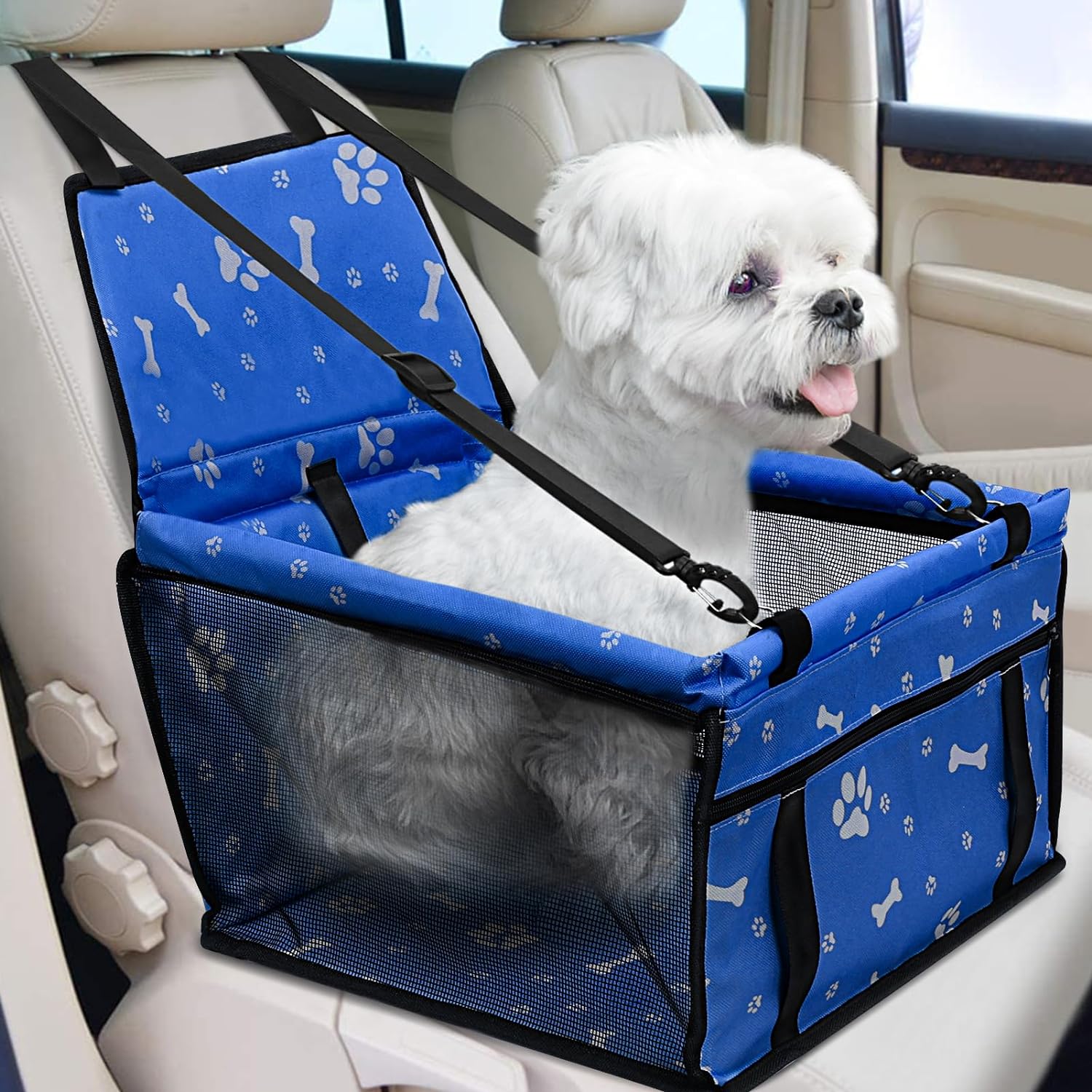 PetsHome Dog Car Seat Foldable Dog Car Booster Seat Waterproof Breathable Oxford Travel Bag for Small to Medium Dogs, Puppies, and Pets-Pattern Black