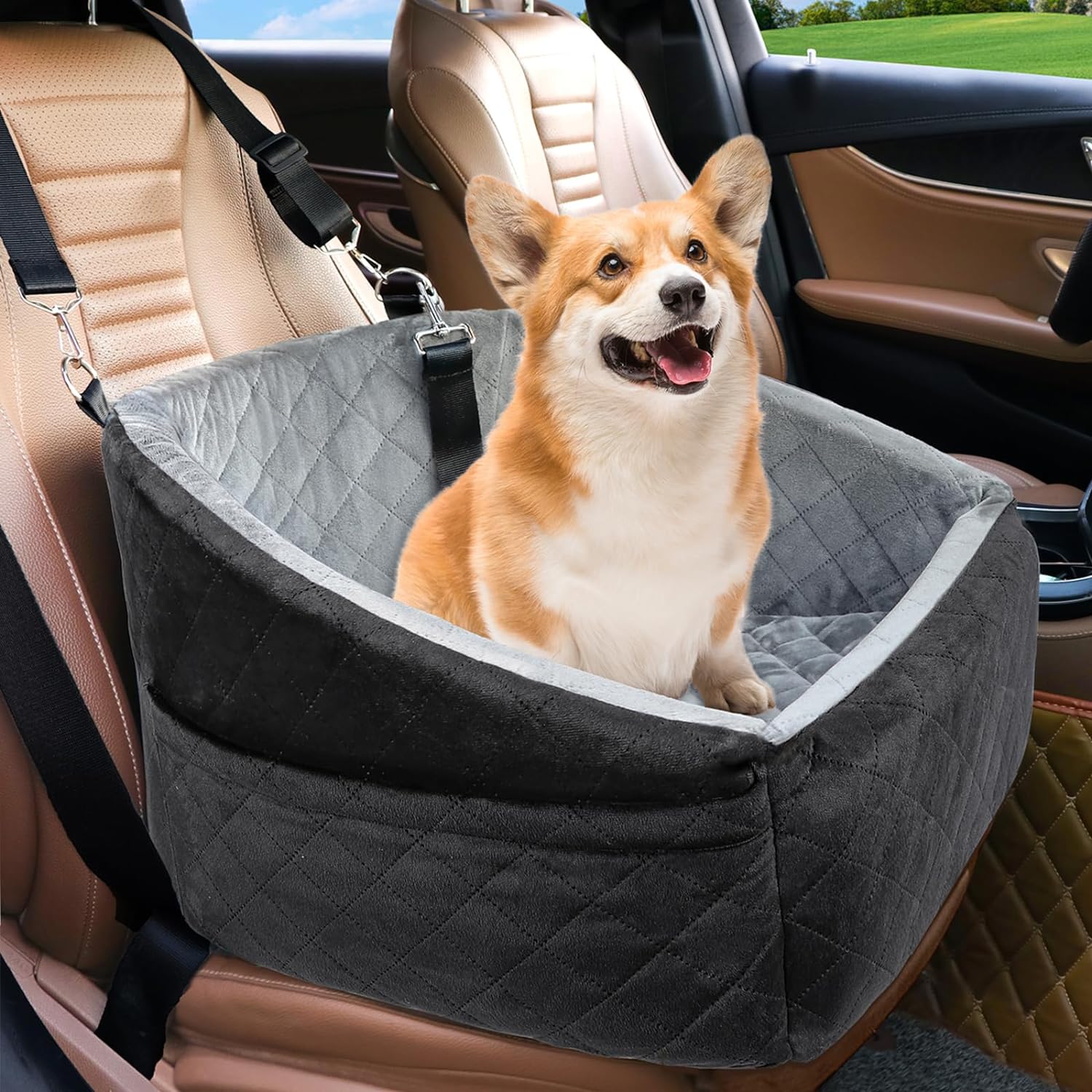 Dog Car Seat for Small Dogs Detachable Washable Dog Booster Seat for Medium Dogs Under 35lbs, Pet Car Seat Travel Bed with Storage Pockets and Dog Safety Belt