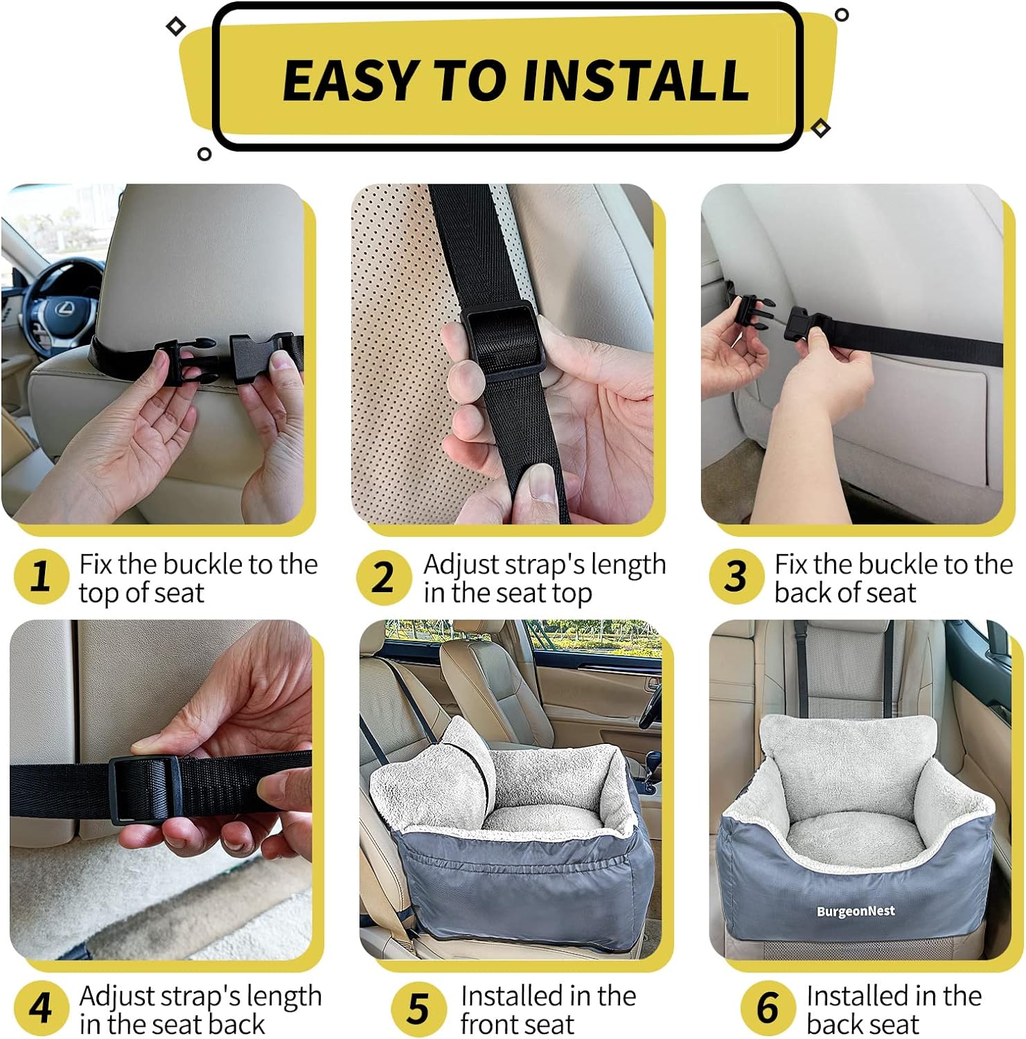 BurgeonNest Dog Car Seat for Small Dogs, Fully Detachable and Washable Dog Carseats Small Under 25, Soft Dog Booster Seats with Storage Pockets and Clip-On Leash Portable Dog Car Travel Carrier Bed