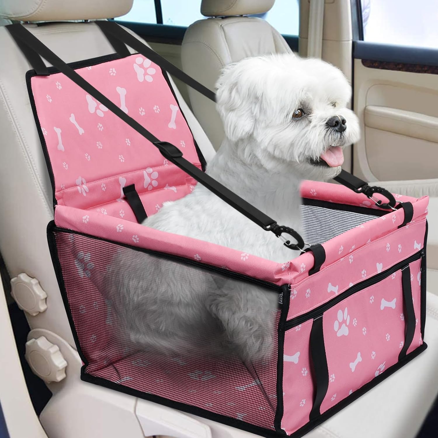 PetsHome Dog Car Seat Foldable Dog Car Booster Seat Waterproof Breathable Oxford Travel Bag for Small to Medium Dogs, Puppies, and Pets-Pattern Black