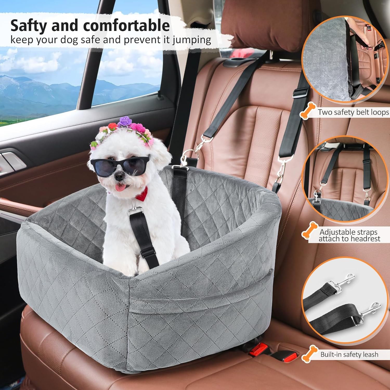 Dog Car Seat for Small Dogs Detachable Washable Dog Booster Seat for Medium Dogs Under 35lbs, Pet Car Seat Travel Bed with Storage Pockets and Dog Safety Belt