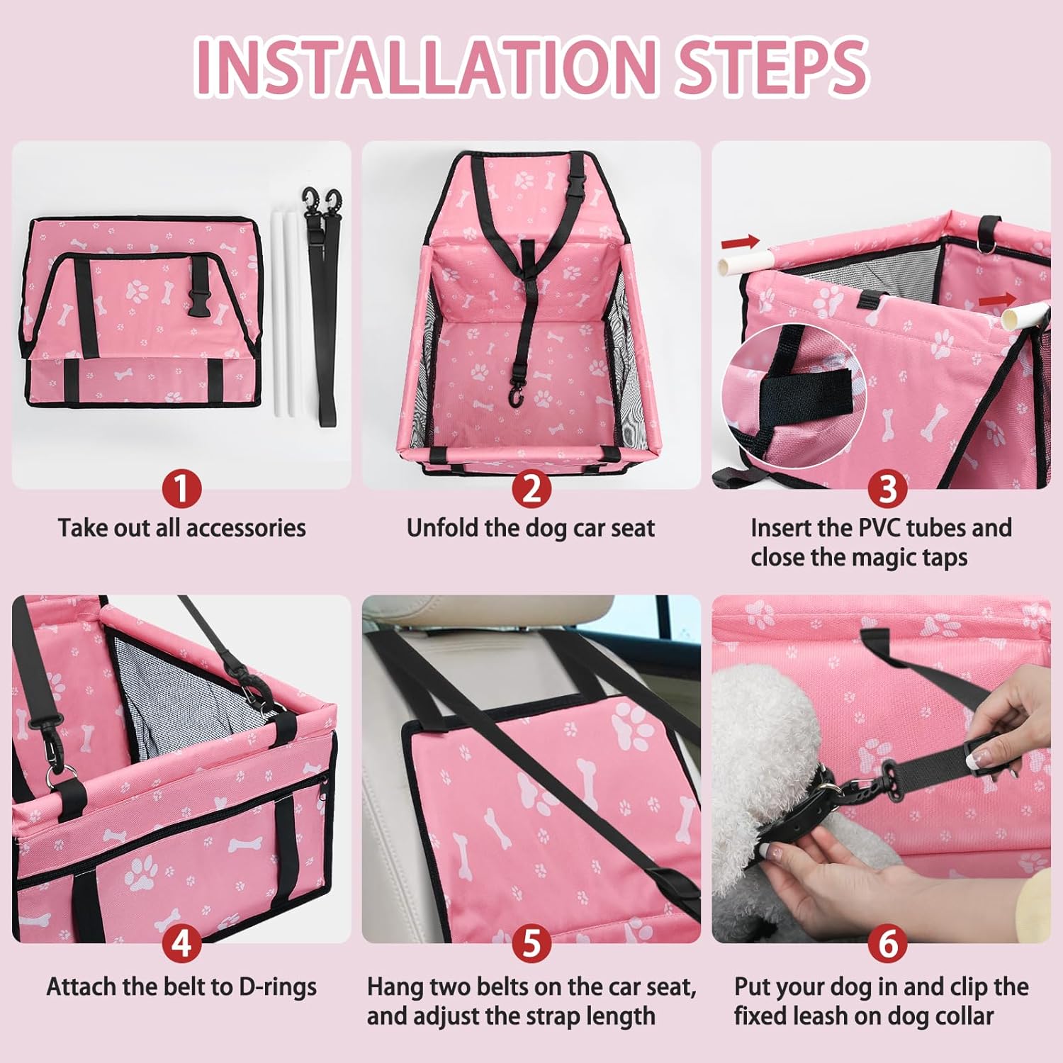 PetsHome Dog Car Seat Foldable Dog Car Booster Seat Waterproof Breathable Oxford Travel Bag for Small to Medium Dogs, Puppies, and Pets-Pattern Black