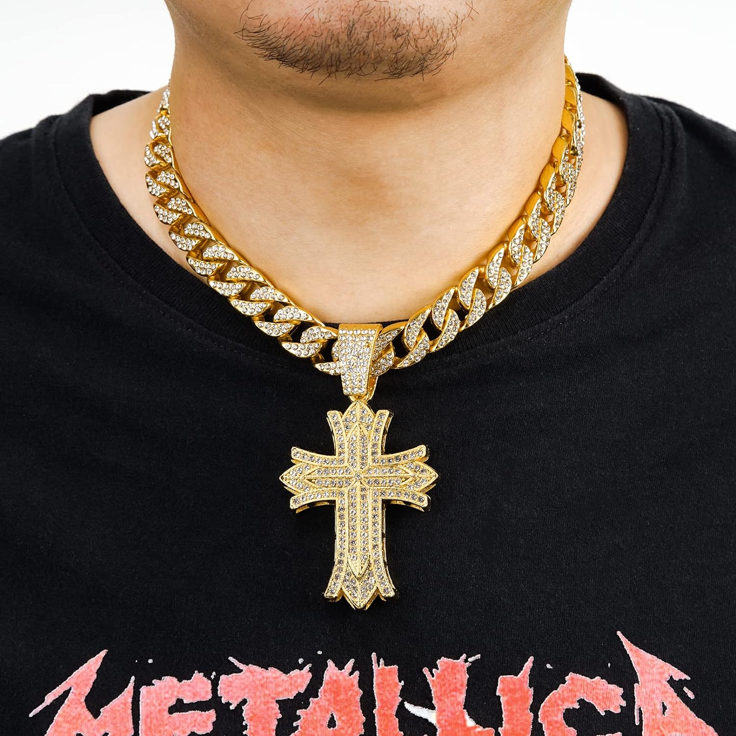 Miami Mens Cuban Link Chain Silver Gold Plated Bling Cuban Necklace Diamond Chain for Men 13MM iced out chain Hip Hop Jewelry，8.5/18/20/24 Inch Length-With metal gift box.