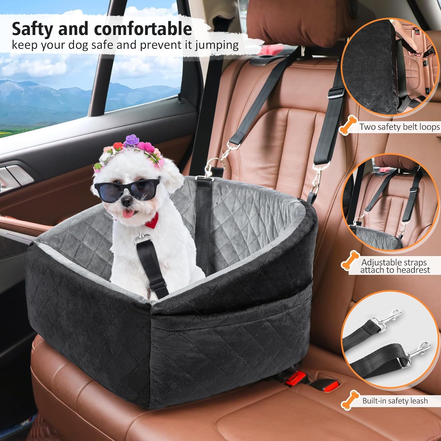 Dog Car Seat for Small Dogs Detachable Washable Dog Booster Seat for Medium Dogs Under 35lbs, Pet Car Seat Travel Bed with Storage Pockets and Dog Safety Belt