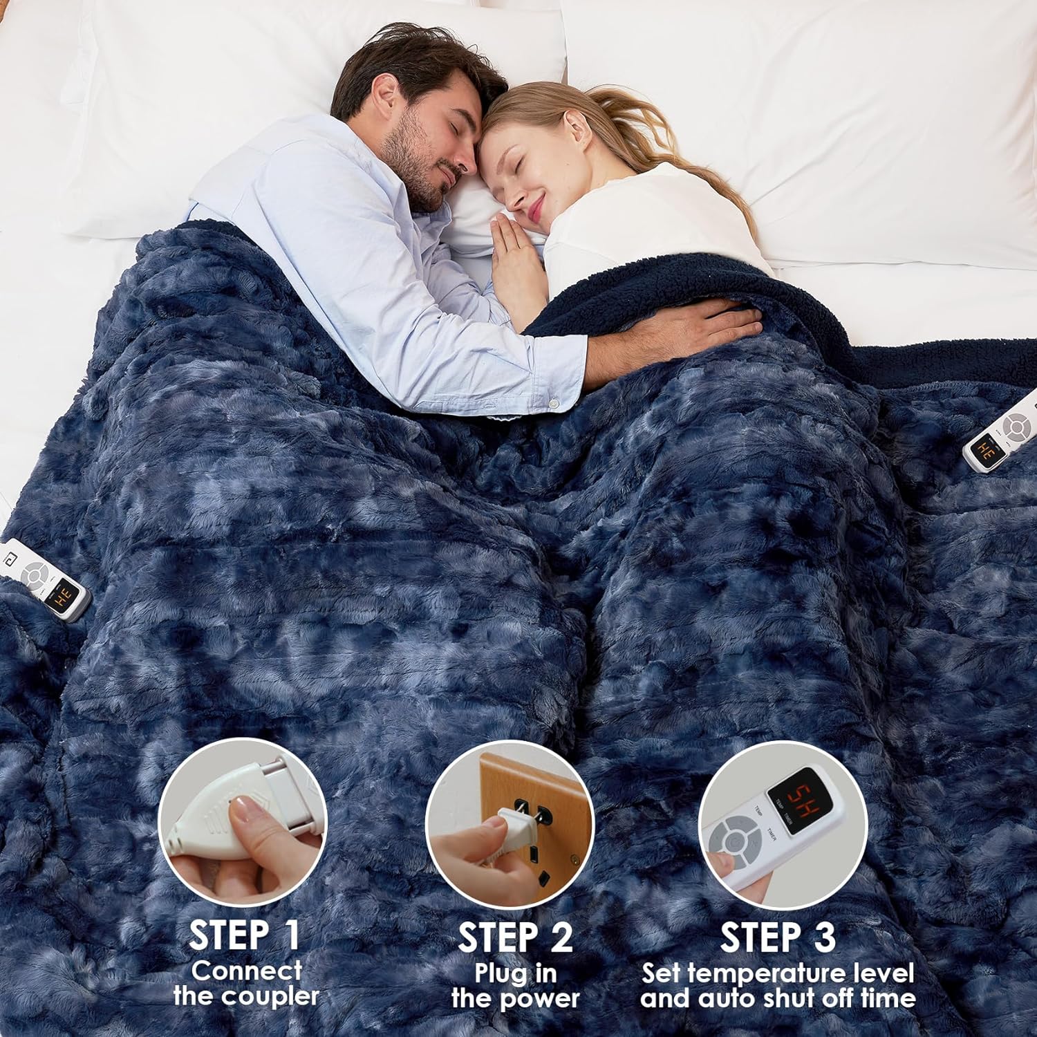  Electric Heated Blanket Throw Faux Fur, 10 Hours Auto Shut Off 6 Heating Levels Heating Blanket Throw, Soft Warm Heated Blanket Fast Heating Navy Blue, Faux Fur & Sherpa