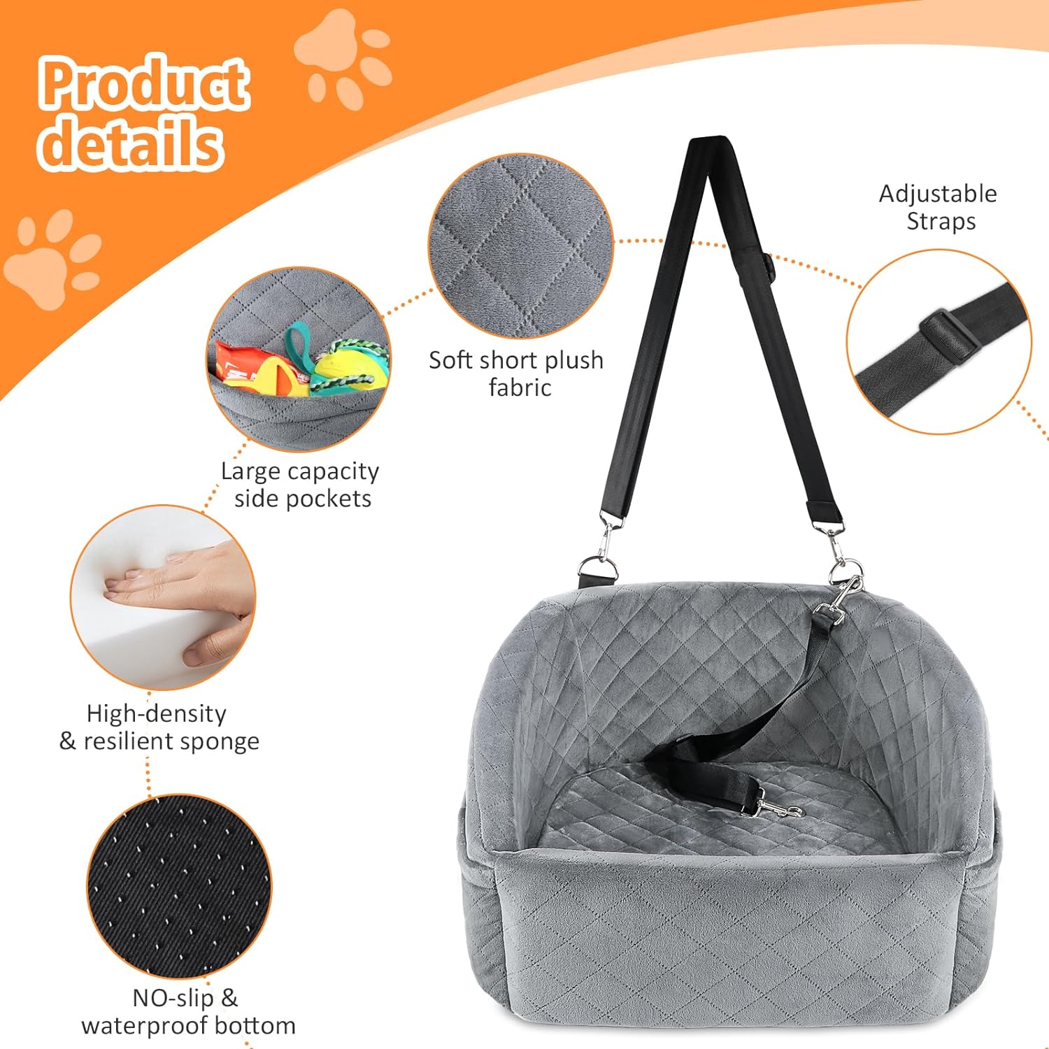 Dog Car Seat for Small Dogs Detachable Washable Dog Booster Seat for Medium Dogs Under 35lbs, Pet Car Seat Travel Bed with Storage Pockets and Dog Safety Belt