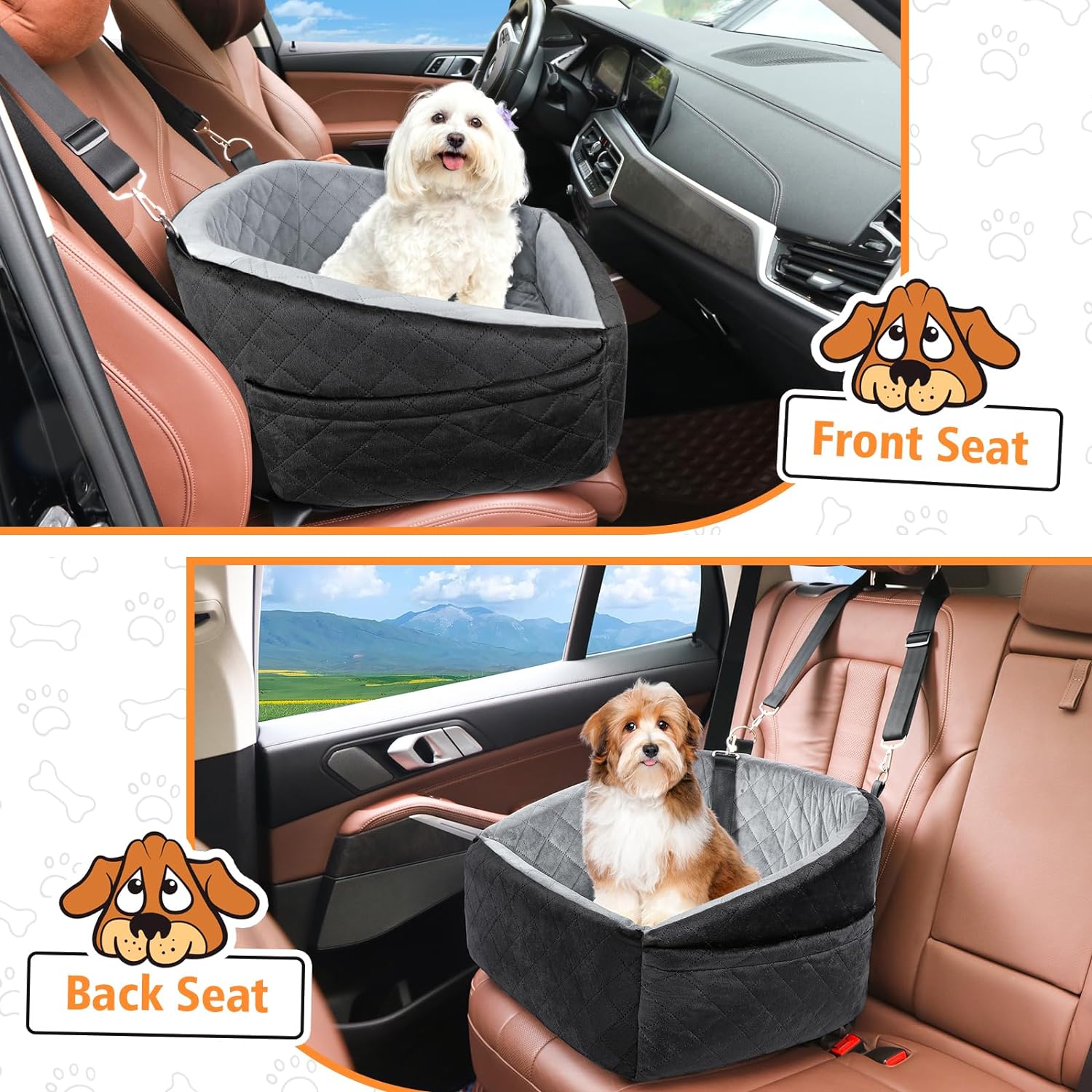 Dog Car Seat for Small Dogs Detachable Washable Dog Booster Seat for Medium Dogs Under 35lbs, Pet Car Seat Travel Bed with Storage Pockets and Dog Safety Belt