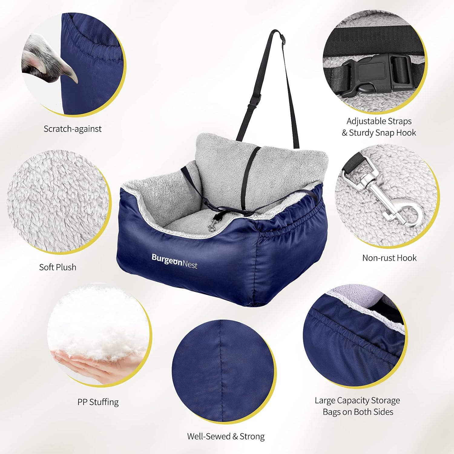 BurgeonNest Dog Car Seat for Small Dogs, Fully Detachable and Washable Dog Carseats Small Under 25, Soft Dog Booster Seats with Storage Pockets and Clip-On Leash Portable Dog Car Travel Carrier Bed