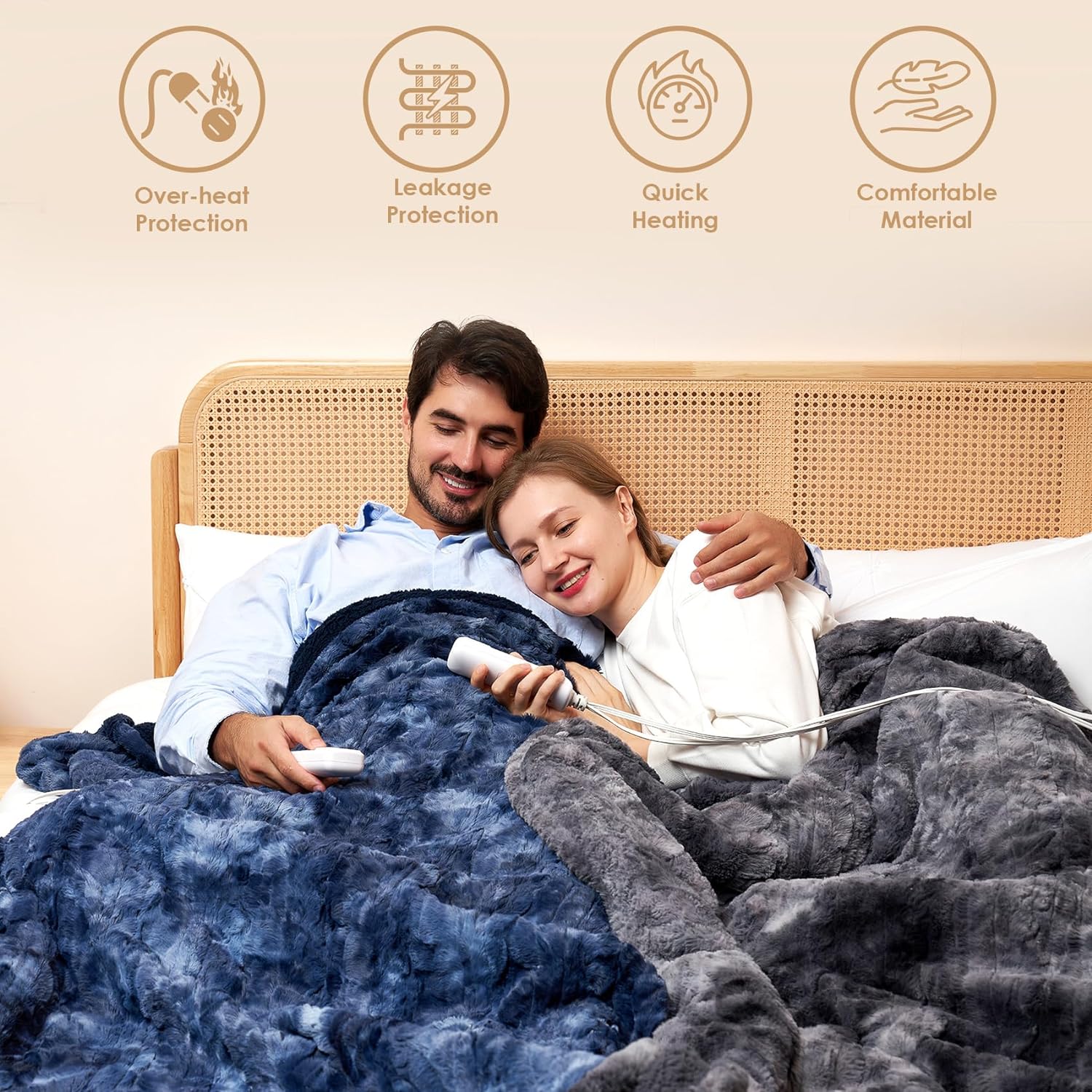  Electric Heated Blanket Throw Faux Fur, 10 Hours Auto Shut Off 6 Heating Levels Heating Blanket Throw, Soft Warm Heated Blanket Fast Heating Navy Blue, Faux Fur & Sherpa