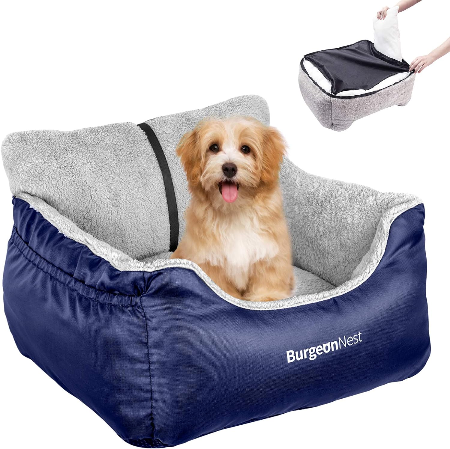 BurgeonNest Dog Car Seat for Small Dogs, Fully Detachable and Washable Dog Carseats Small Under 25, Soft Dog Booster Seats with Storage Pockets and Clip-On Leash Portable Dog Car Travel Carrier Bed