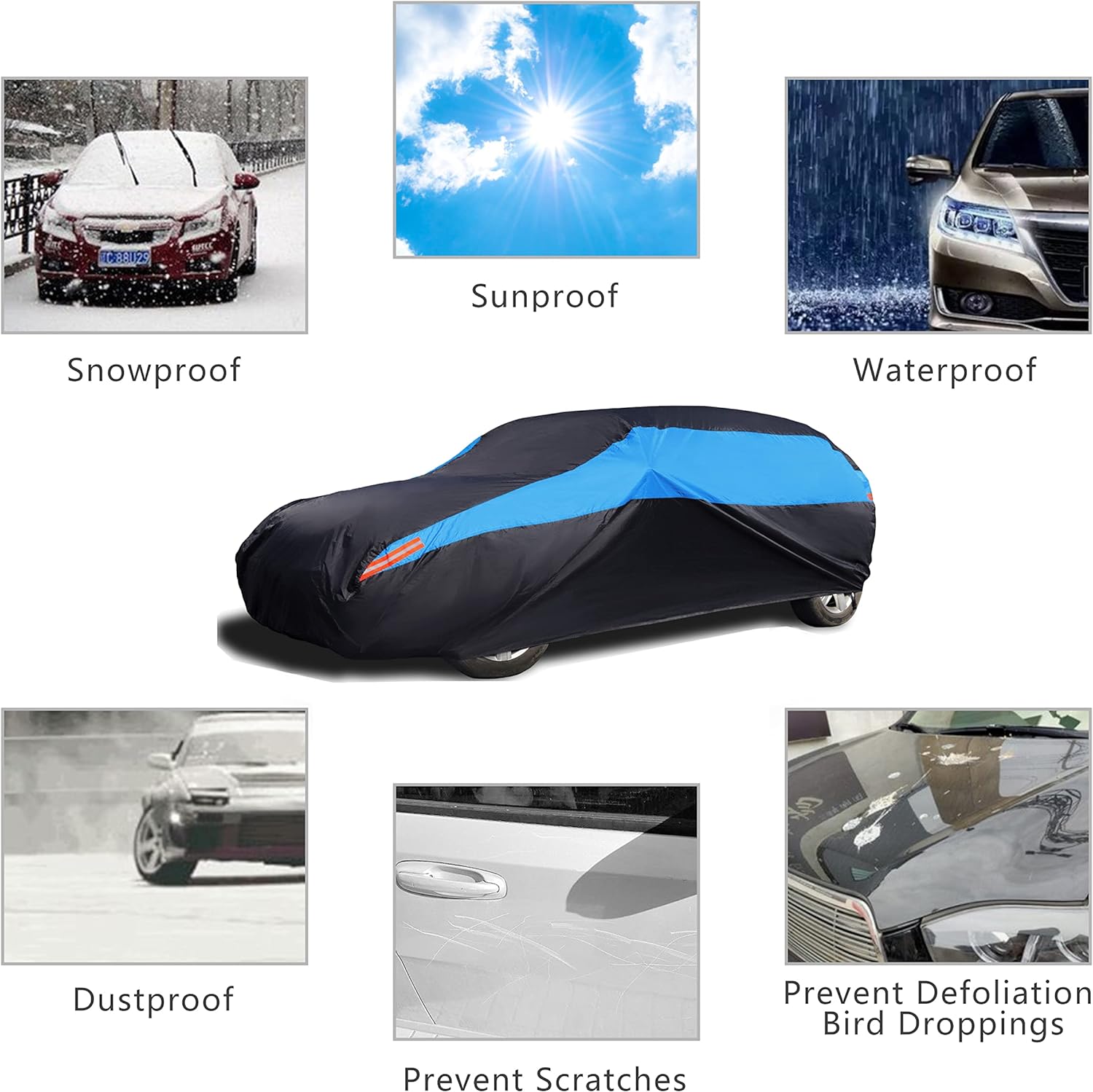 MORNYRAY Waterproof Car Cover All Weather Snowproof UV Protection Windproof Outdoor Full car Cover, Universal Fit for Sedan (Fit Sedan Length 194-206 inch, Blue)
