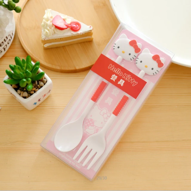 2PCS/Set Sanrio Hello Kitty Spoon Fork Baby Girls Feeding Tableware Children Travel Portable Dinnerware Kitchen Accessories Gift