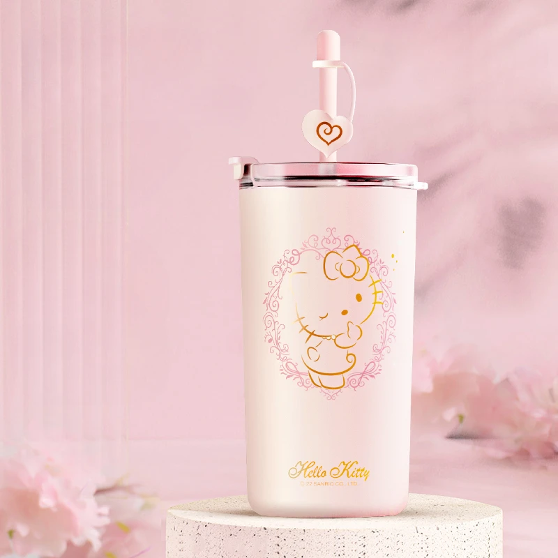 Kawaii Sanrio Hello Kitty Children's Water Cup Cartoon Students Portable Vacuum Water Cup Stainless Steel Straw Insulation Cup