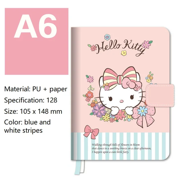 A6 Cute Hello Kitty MINISO Anime Leather Magnetic Buckle Notebook Student Planner Write Office Portable Kawaii School Stationery
