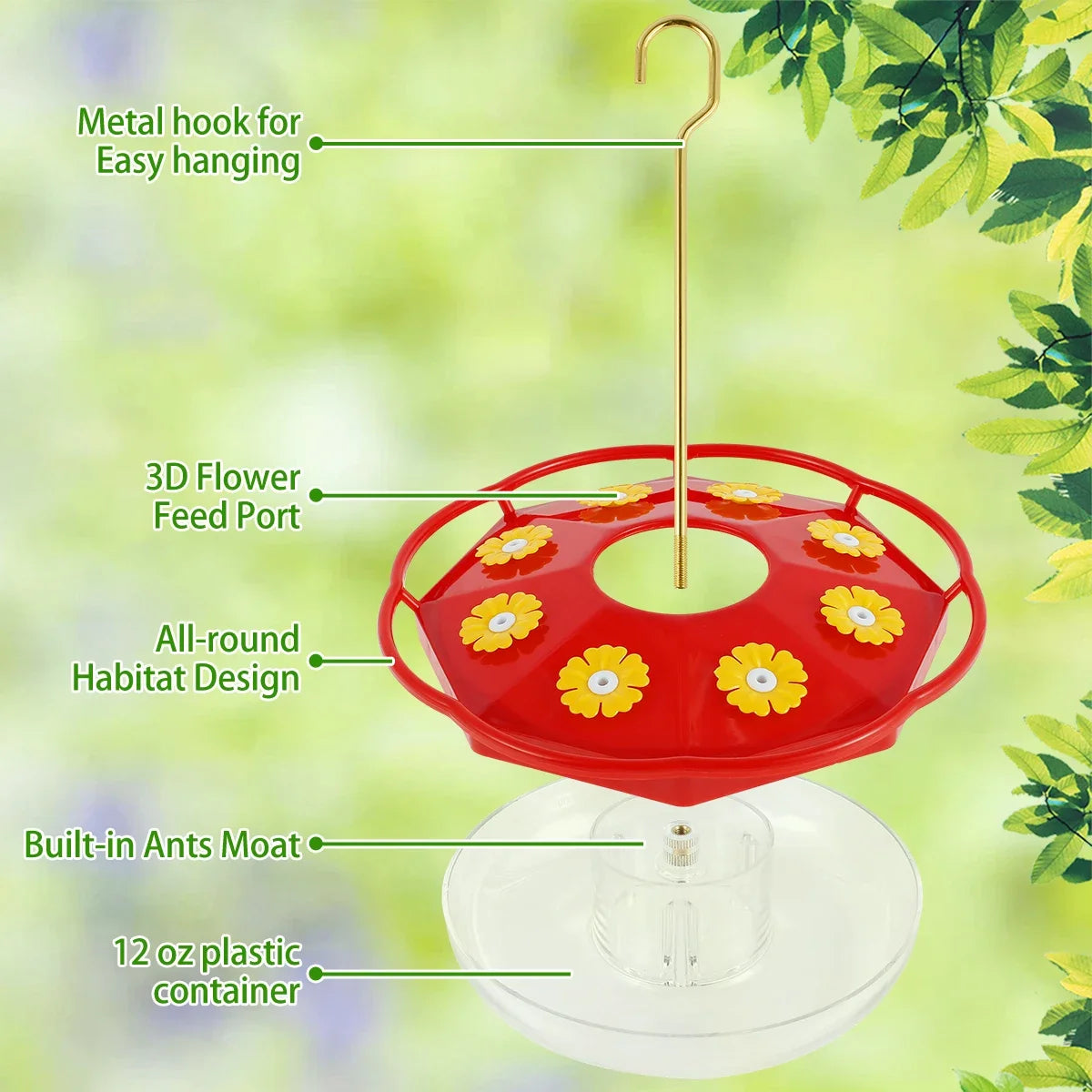 Flower-Shaped Hummingbird Feeder - 8 Feeding Ports Ant and Bee Proof Outdoor Garden