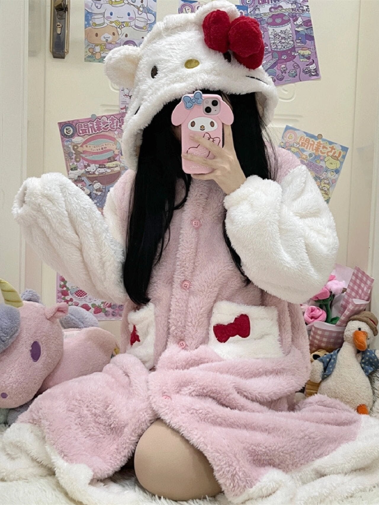 Hellokitty Womens Hooded Fleece Robe, Soft Plush Bathrobe for Womens, Fluffy Cute Long House Coat