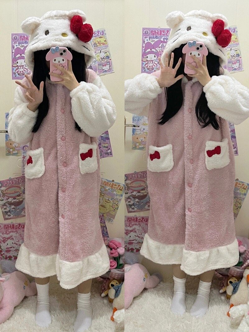 Hellokitty Womens Hooded Fleece Robe, Soft Plush Bathrobe for Womens, Fluffy Cute Long House Coat