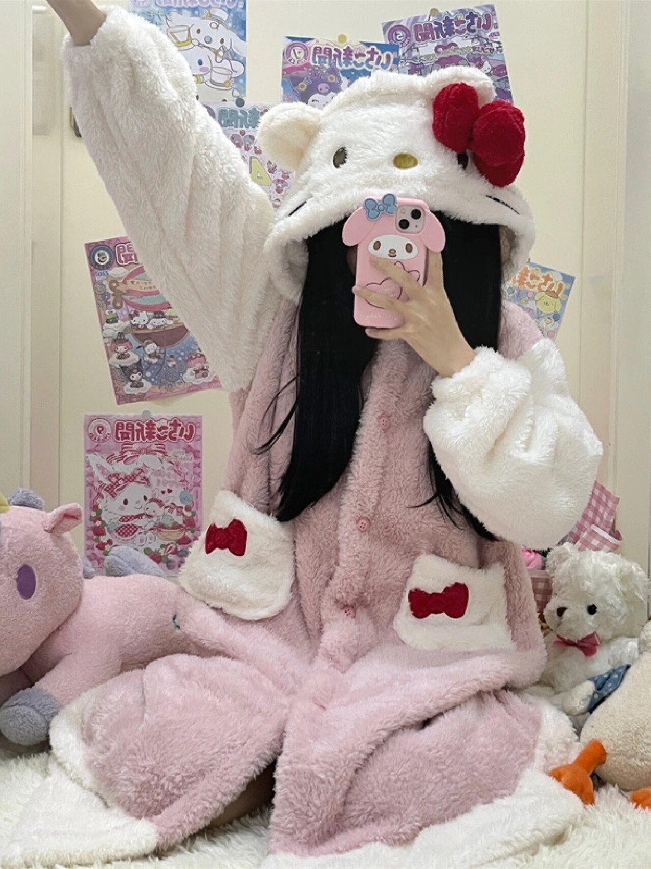 Hellokitty Womens Hooded Fleece Robe, Soft Plush Bathrobe for Womens, Fluffy Cute Long House Coat