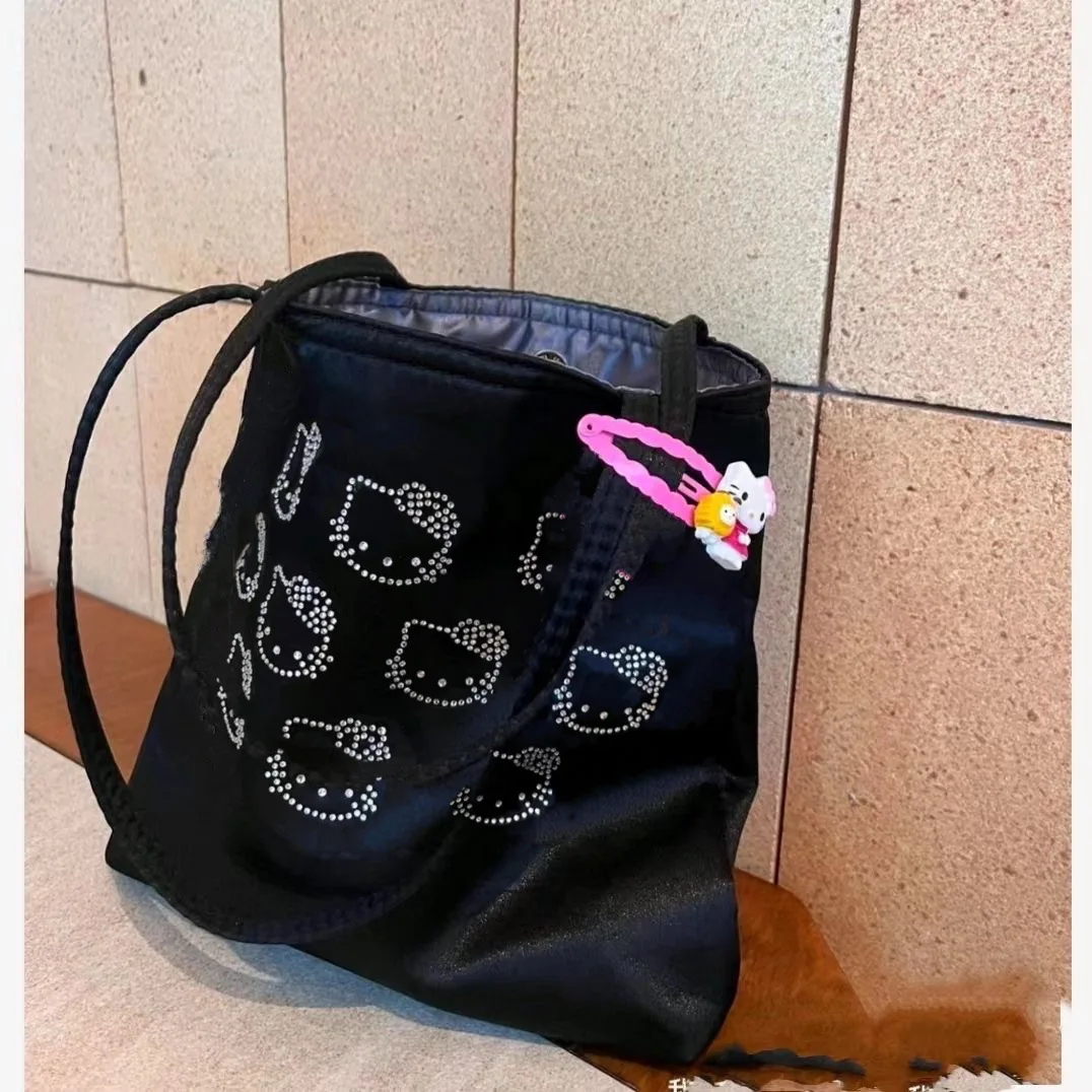 Kawaii Hello Kitty Women Canvas Shoulder Bag Rhinestones Handbag Eco Large CapacityShopping Bag Female Charmeuse Cute Tote Bag