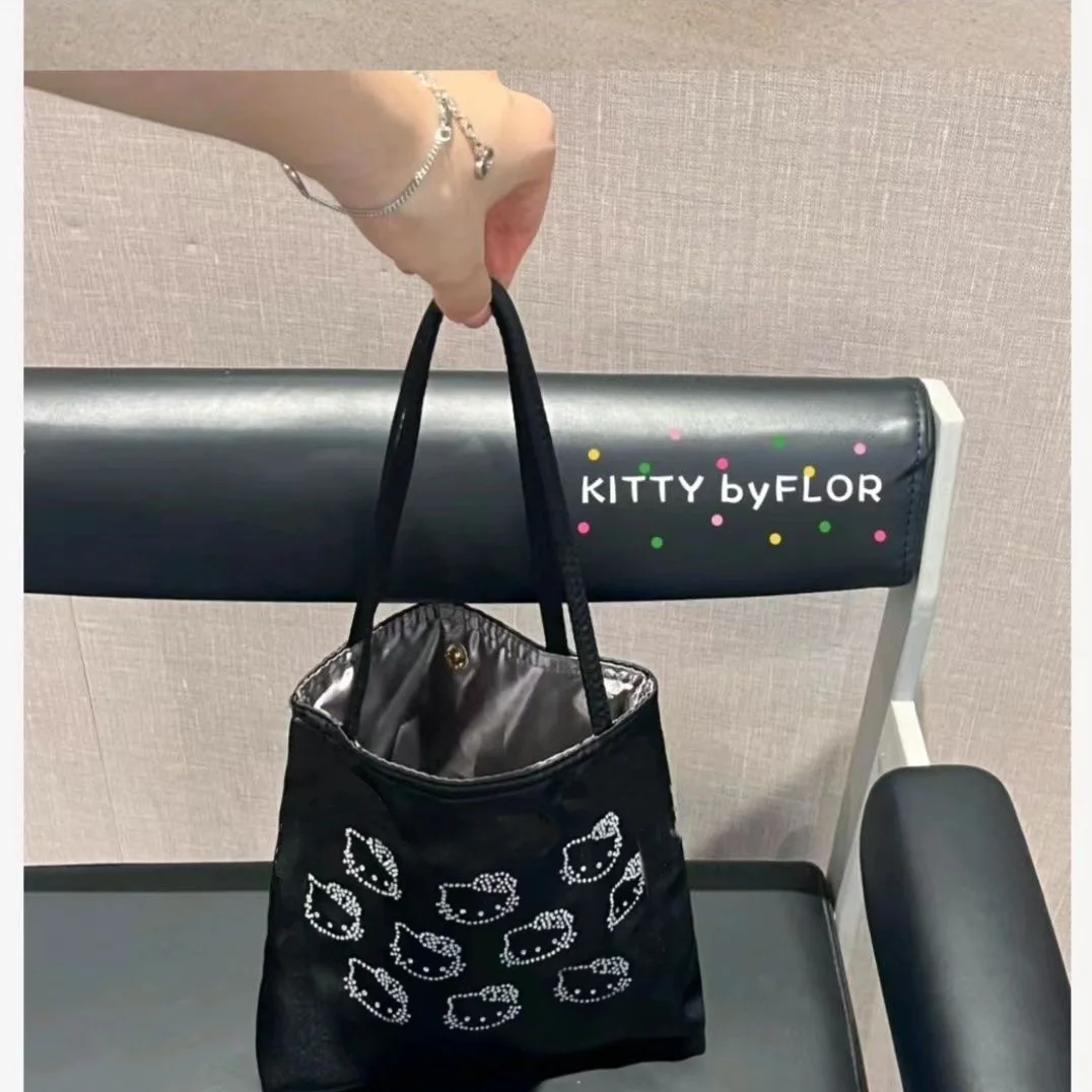 Kawaii Hello Kitty Women Canvas Shoulder Bag Rhinestones Handbag Eco Large CapacityShopping Bag Female Charmeuse Cute Tote Bag