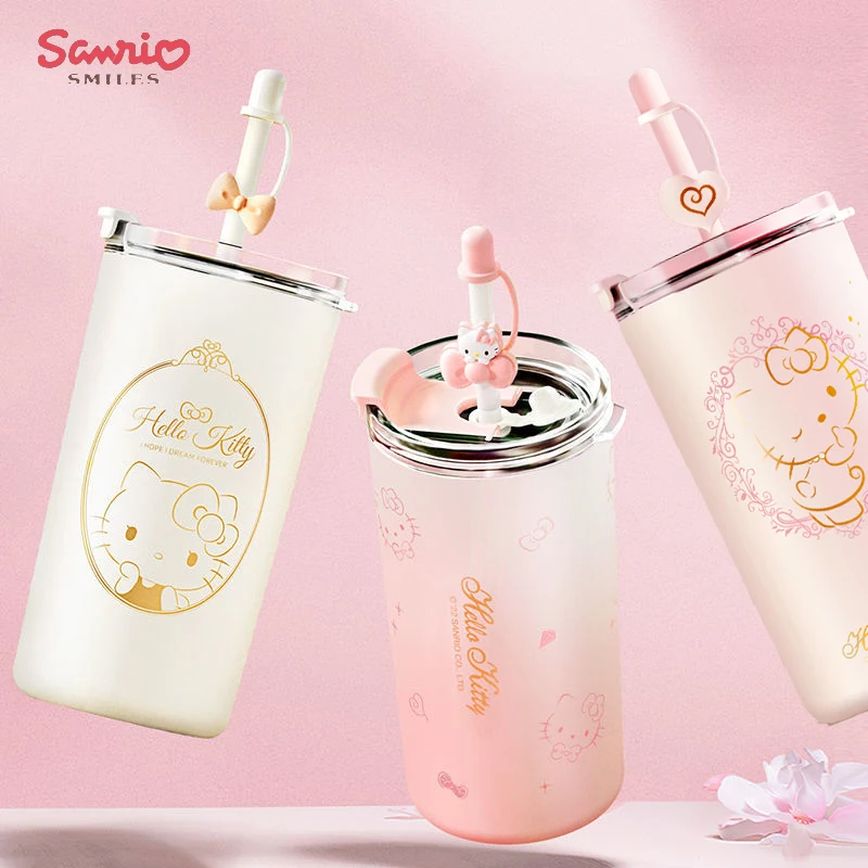 Kawaii Sanrio Hello Kitty Children's Water Cup Cartoon Students Portable Vacuum Water Cup Stainless Steel Straw Insulation Cup