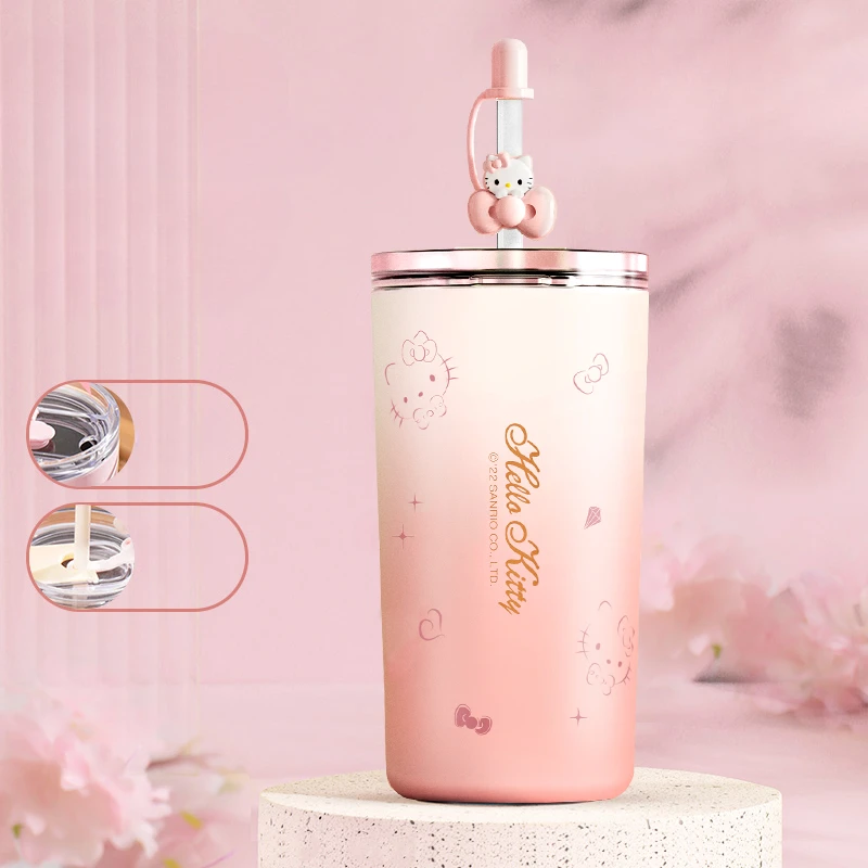 Kawaii Sanrio Hello Kitty Children's Water Cup Cartoon Students Portable Vacuum Water Cup Stainless Steel Straw Insulation Cup