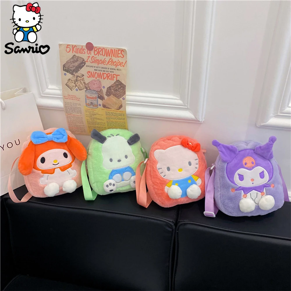 Kawaii Sanrio Plush Shoulder Bags Sanrioed Kuromi Hello Kitty My Melody Messenger Bag Soft Plush Small Square Bag For Girl Gifts