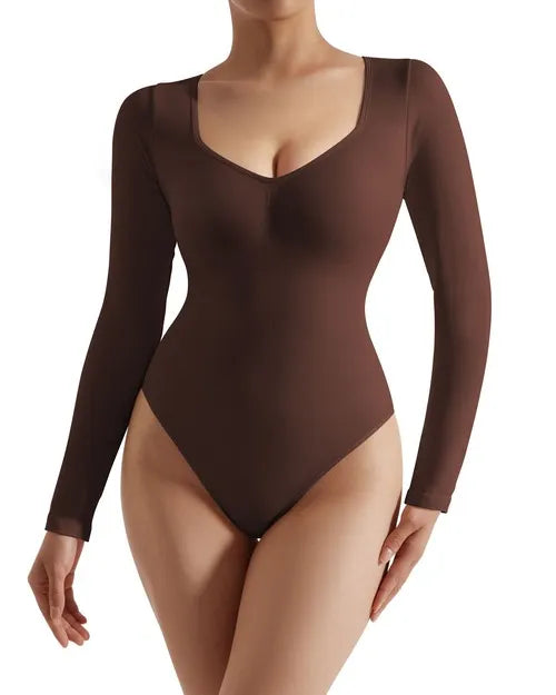 Ribbed V Neck Bodysuit - Long Sleeve