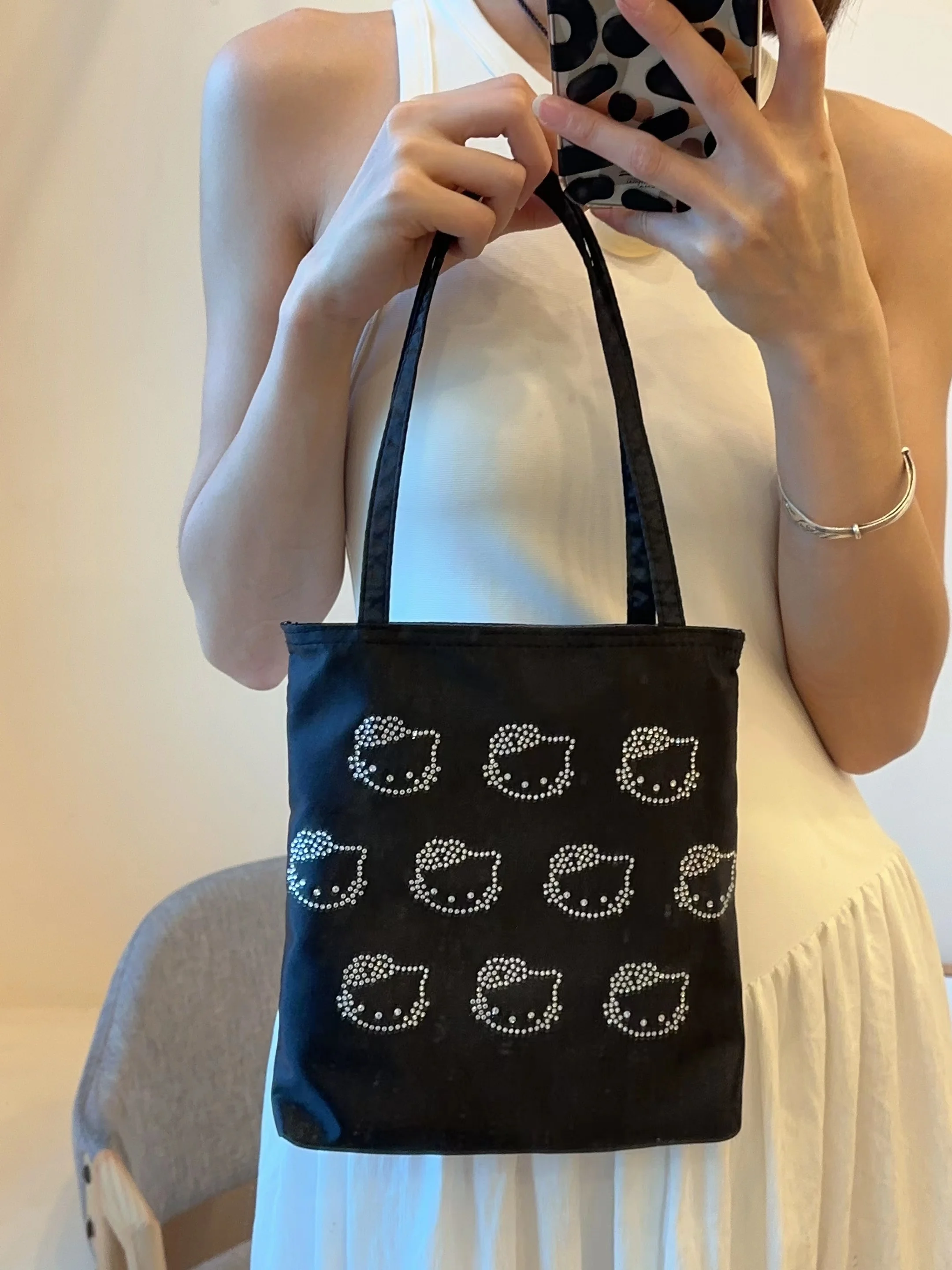 Kawaii Hello Kitty Women Canvas Shoulder Bag Rhinestones Handbag Eco Large CapacityShopping Bag Female Charmeuse Cute Tote Bag