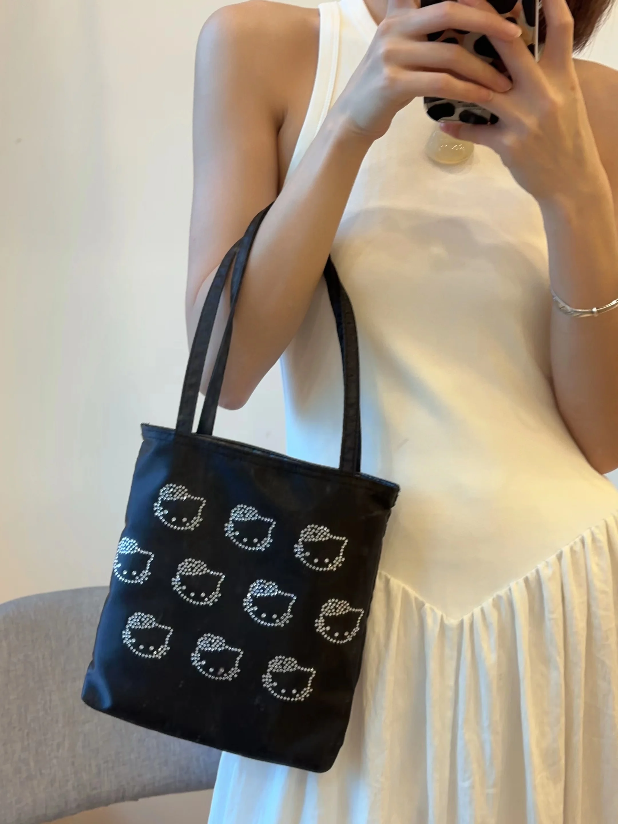 Kawaii Hello Kitty Women Canvas Shoulder Bag Rhinestones Handbag Eco Large CapacityShopping Bag Female Charmeuse Cute Tote Bag