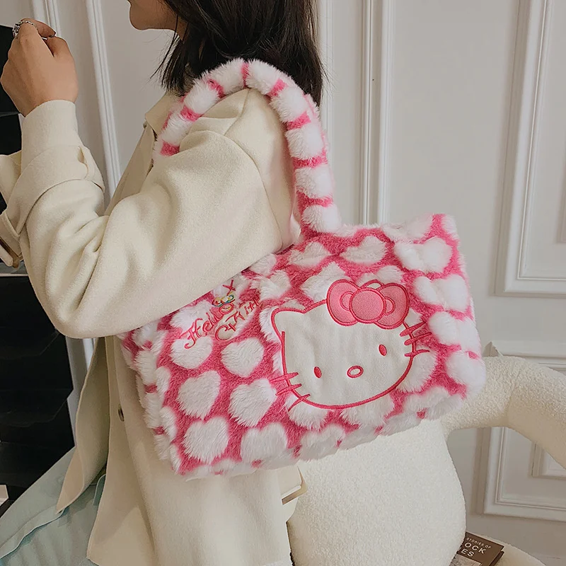 Kawaii Hello Kitty Handbag Y2K Cartoon Anime Plush Underarm Bag Student Handbag High Capacity Kawaii Girl Gift Heart