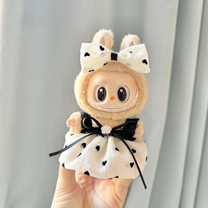 Labubu Outfits: Black & White Heart Bow Dress Set for 17cm Dolls (No Doll Included)