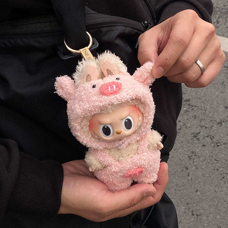 Labubu Outfits: Fluffy Piggy Hoodie Romper for 17cm Dolls (No Doll Included)