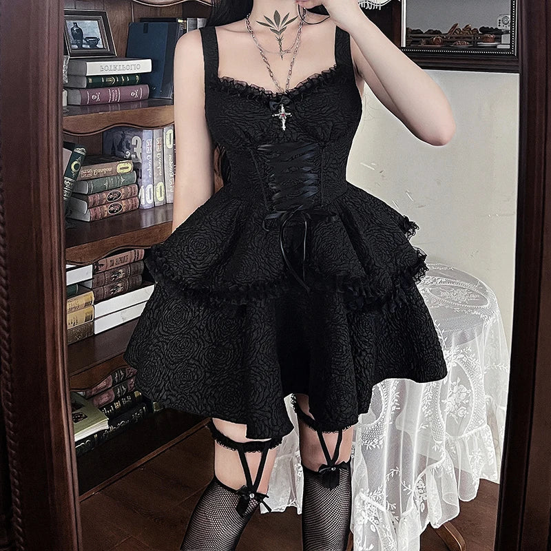 Gothic Lace Ruffle Trim Dress
