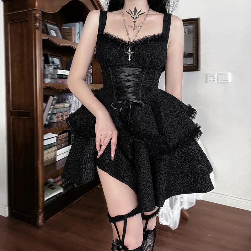 Gothic Lace Ruffle Trim Dress
