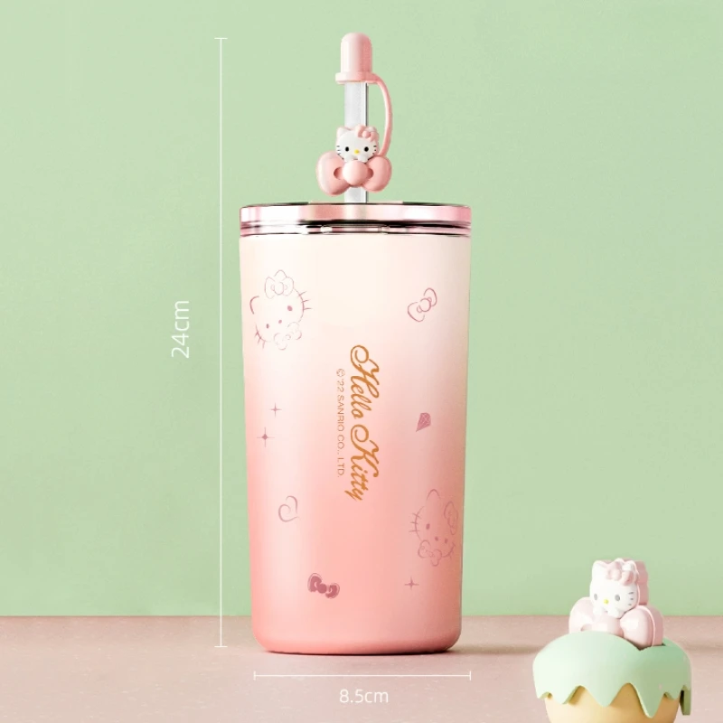 Kawaii Sanrio Hello Kitty Children's Water Cup Cartoon Students Portable Vacuum Water Cup Stainless Steel Straw Insulation Cup