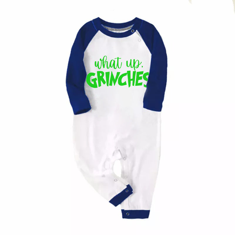 Christmas Cute Cartoon Face and 'What Up' Letter Print Casual Long Sleeve Sweatshirts Contrast Blue & White Top and Black and Blue Plaid Pants Family Matching Pajamas Sets