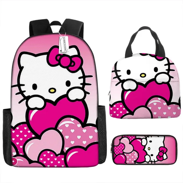 3pcs/set Kids Sanrio Hello Kitty Series Backpack Pencil Case Meal Bag Air Cushion Harness Waterproof Spine Protection Schoolbag