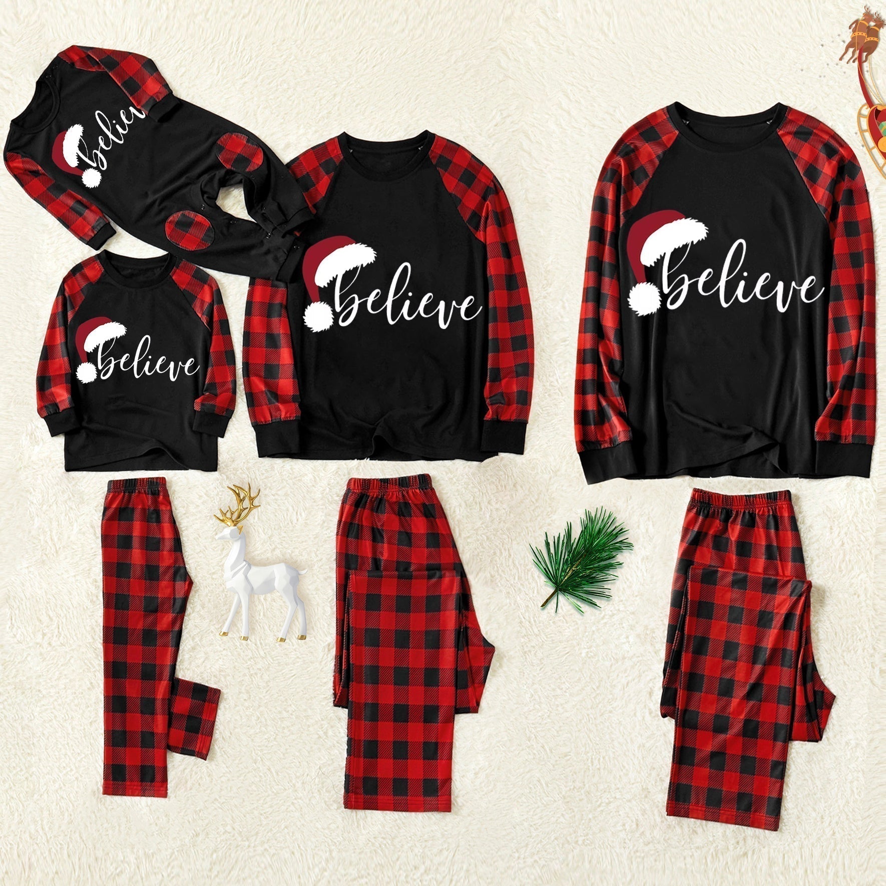 Christmas ”Ho Ho Ho“ Letter Print Santa Claus & Gingerbread & Elk Patterned Contrast Black top and Black & Red Plaid Pants Family Matching Pajamas Set With Dog Bandana